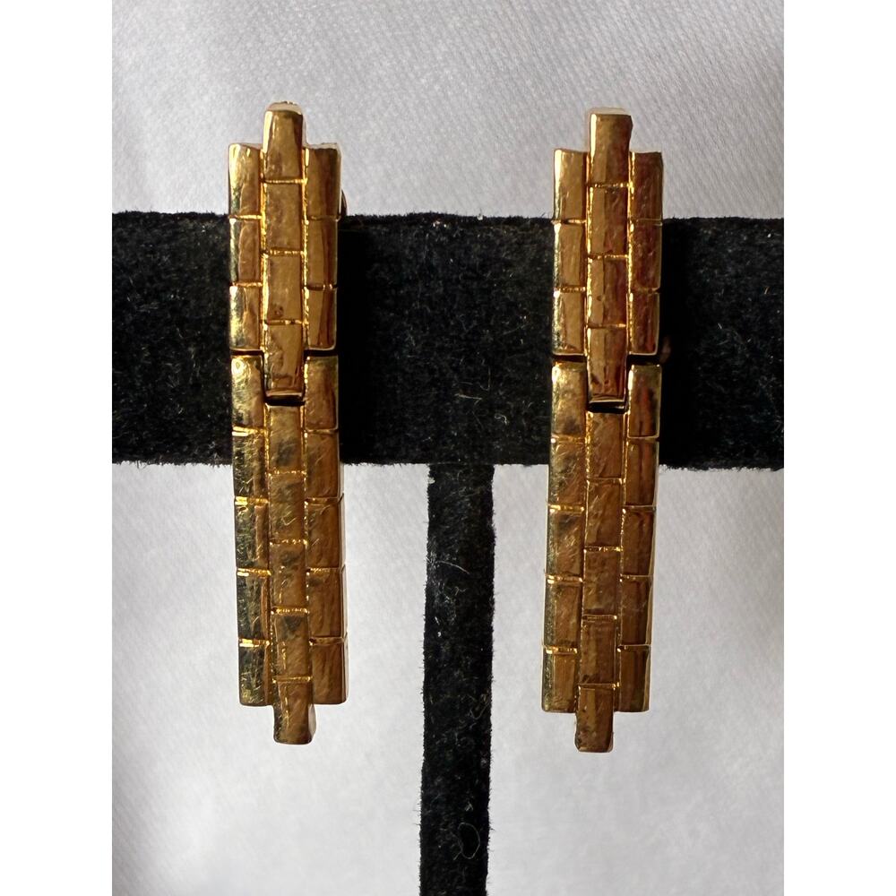 Monet Gold Tone Articulated Brick Link Dangle Earrings Modernist